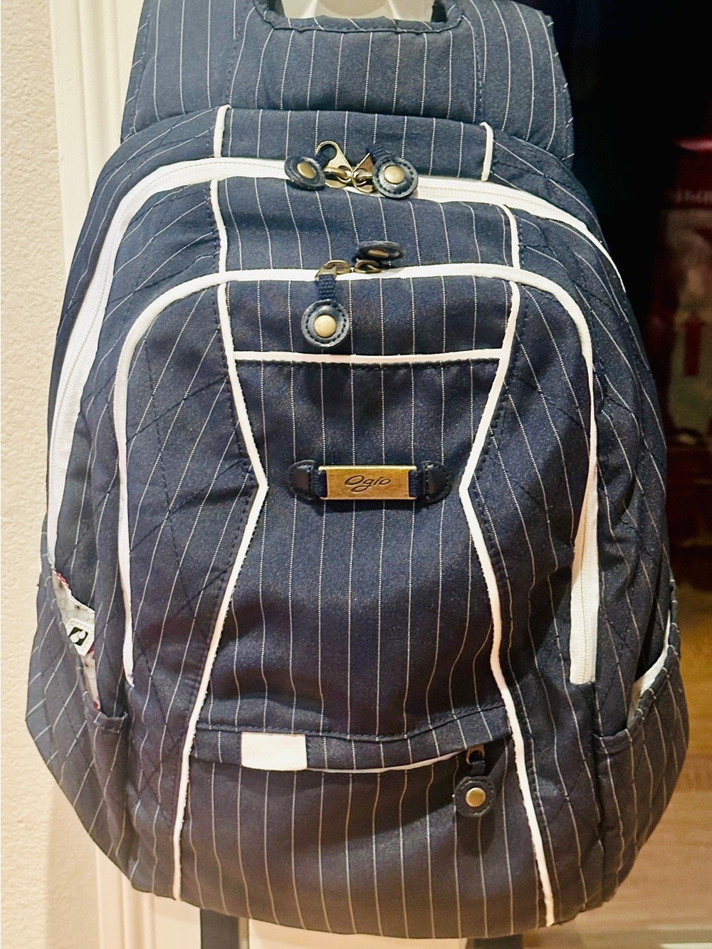 OGIO Navy Pinstripe Laptop Backpack Floral Quilted Multi-Pocket Lumbar - Clean
